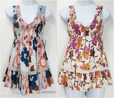 Juniors X-SMALL Angie Floral Boho Ruffle Hem Tank Smoked Plunge Babydoll Top - Image 1 of 4