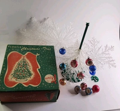 复古罕见 PLASCO 塑料圣诞树原装盒带 12 个 SB 装饰品  — 第 1/4 张图片