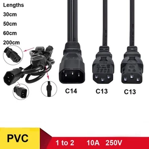 30cm to 200cm IEC Mains Splitter Cable C14 Plug to 2 x C13 Socket Y Lead - Black - Afbeelding 1 van 9