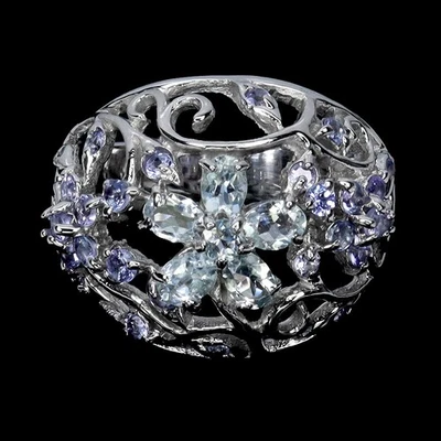 Anillo de plata de ley 925 ovalado aguamarina tanzanita piedras preciosas naturales joyería talla 9 Foto 1 de 4