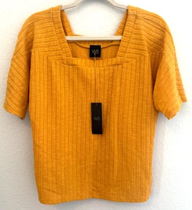 W5 Anthropologie gelbes Strickoberteil mit eckigem Ausschnitt Kurzarm Damen Gr. L – Muster - Bild 1 von 6