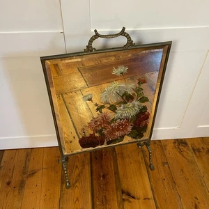 Vintage Brass Fire Screen Mirror Hand Painted Floral Glass Art Deco Style - Picture 1 of 12