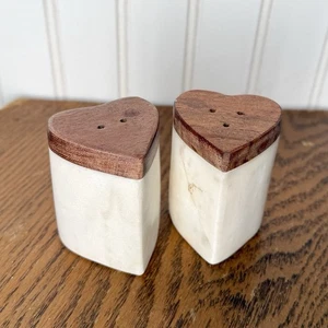 Heart Shaped Salt And Pepper Shakers 3” Tall Heavy MARBLE & WOOD w Stoppers - Picture 1 of 5