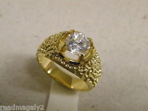 Men's Yellow Gold Plated Ring Large Clear CZ Solitaire 7mm New Size 9.5 - Picture 1 of 9