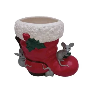 VTG Ceramic Santa Boot With Mice Planter Or Centerpiece 1973 Christmas Floral... - Picture 1 of 11