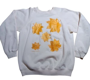 Sudadera blanca vintage Hanes con estampado de hojas de oro años 80 EE. UU. Granny Art - Imagen 1 de 6