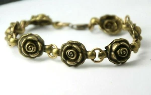 Rose Bracelet Antique Brass Hook Clasp Roses Pewter Charms 7" inch Flower - Picture 1 of 5