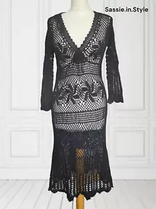 M MONSOON BLACK CROCHET Dress Kaftan Stretch cover up Boho Summer Approx Uk 12 - Picture 1 of 6