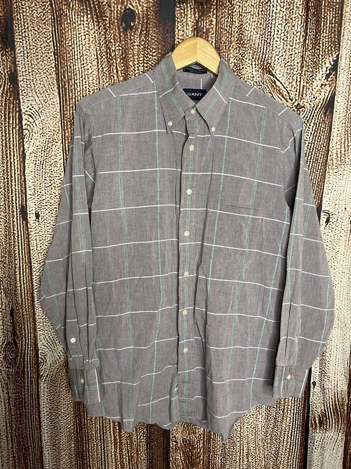 Camisa de vestir de manga larga gris a cuadros con botones Gant para hombre talla 32-15 1/2 Foto 1 de 3