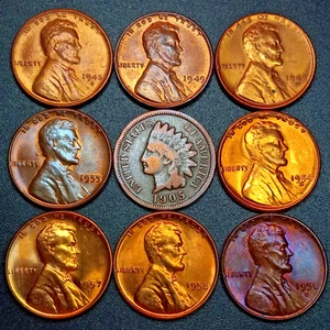 9 Lincoln Wheat & Indian Head Cents Toned/Uncirculated All Different! (Lot#6) - Picture 1 of 2