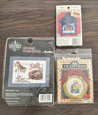 3 Cross Stitch Mini Kits Traditions Madonna T8901 Bucilla Bird Nest 33025 - Image 1 of 4