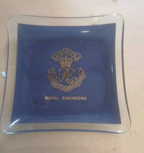 Vintage Royal Engineers Glass Ashtray Dish - Gold Lettering on Dark Blue Ground - Picture 1 of 3