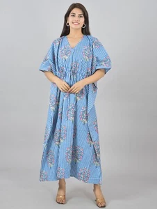 Cotton Kaftan Flower Print Blue Color with White Stripe & Pocket for Women &Girl - Picture 1 of 8