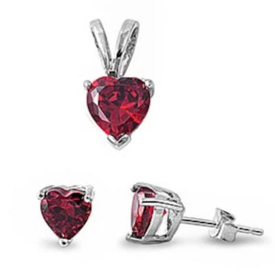 Ruby Heart Pendant & Earrings Set .925 Sterling Silver - Image 1 of 2
