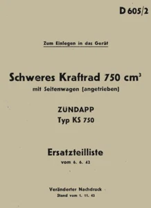 WWII ZUNDAPP 1941 Motorrad KS750 Teilehandbuch Teil Liste D605-2 Manual 1942 - Bild 1 von 9
