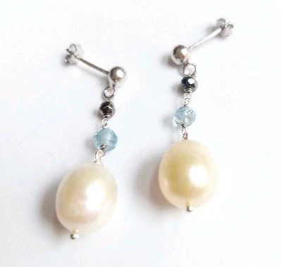 Orecchini in argento 925 con acquamarina naturale, perle barocche ed ematite  - Immagine 1 di 4