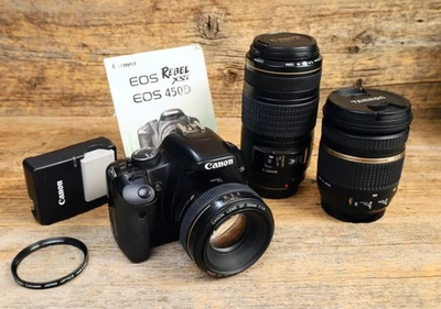 Canon Eos Rebel Xsi 35mm Film Camera w 3 Lenses, Charger, Batteries & Case - Image 1 of 4