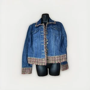 Denim Jeans Damen Kurzjacke Karomaterial Fransen Liz Clairborne Lrg Knopf - Bild 1 von 7