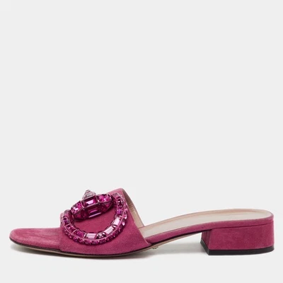 Gucci Pink Suede Crystal Maxime Horsebit Slide Sandals Size 375 - Image 1 of 4