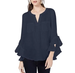 INC International Concepts Women’s S Navy Blue Ruffle-Sleeve Linen Blend Top - Picture 1 of 13
