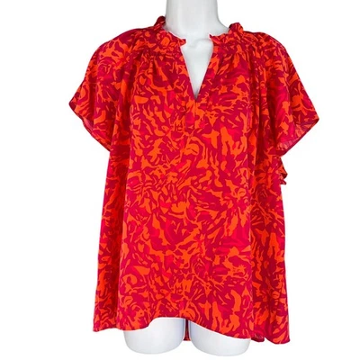 Blusa Umgee Top Para Mujer Talla L Naranja Rosa Estampado Abstracto Manga Acampanada Cuello en V Foto 1 de 4