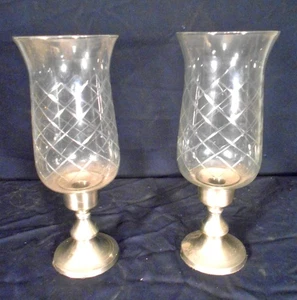 VINTAGE PAIR MID CENTURY CANDLE HOLDERS WITH ETCHED HURRICANE SHADES - Picture 1 of 6