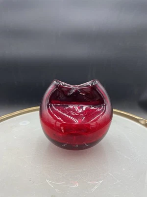 Vintage MCM Hand Blown Blenko ? Ruby Red Pinched Top 3.5” Glass Vase - Image 1 of 4