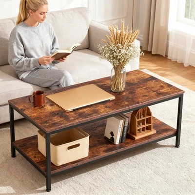 39" 2 Tier Coffee Table with Open Storage Shelf and Metal Frame Rustic Black - Image 1 of 4
