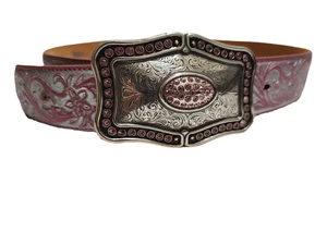 Justin Boots Western Tooled Leather Belt Pink Silver Big Embellished Buckle 32 - Picture 1 of 9