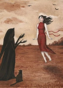 5x7 IMPRESIÓN DE PINTURA HALLOWEEN PINTURA RYTA GATO NEGRO BRUJA Arte Popular Pagano 🙂 - Imagen 1 de 1