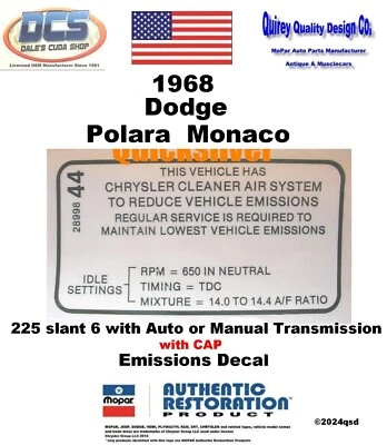 Dodge Polara Monaco 225 1968 inclinado 6 con calcomanía de emisiones CAP 2899844 nuevo MoPar Foto 1 de 2