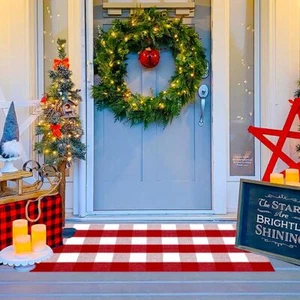 Red and White Plaid Rug 24" x 51" Christmas Outdoor Front Door Decor Mat Cott... - Picture 1 of 7