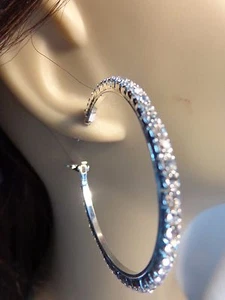 CRYSTAL RHINESTONE HOOP EARRINGS SILVER TONE PLATED HOOPS 1.75 inch - Picture 1 of 5
