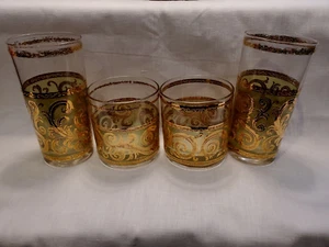 Culver Glasse Toledo 2 Highball 2 Bourbon Whiskey Tumblers Gold Scroll Green MCM - Bild 1 von 11