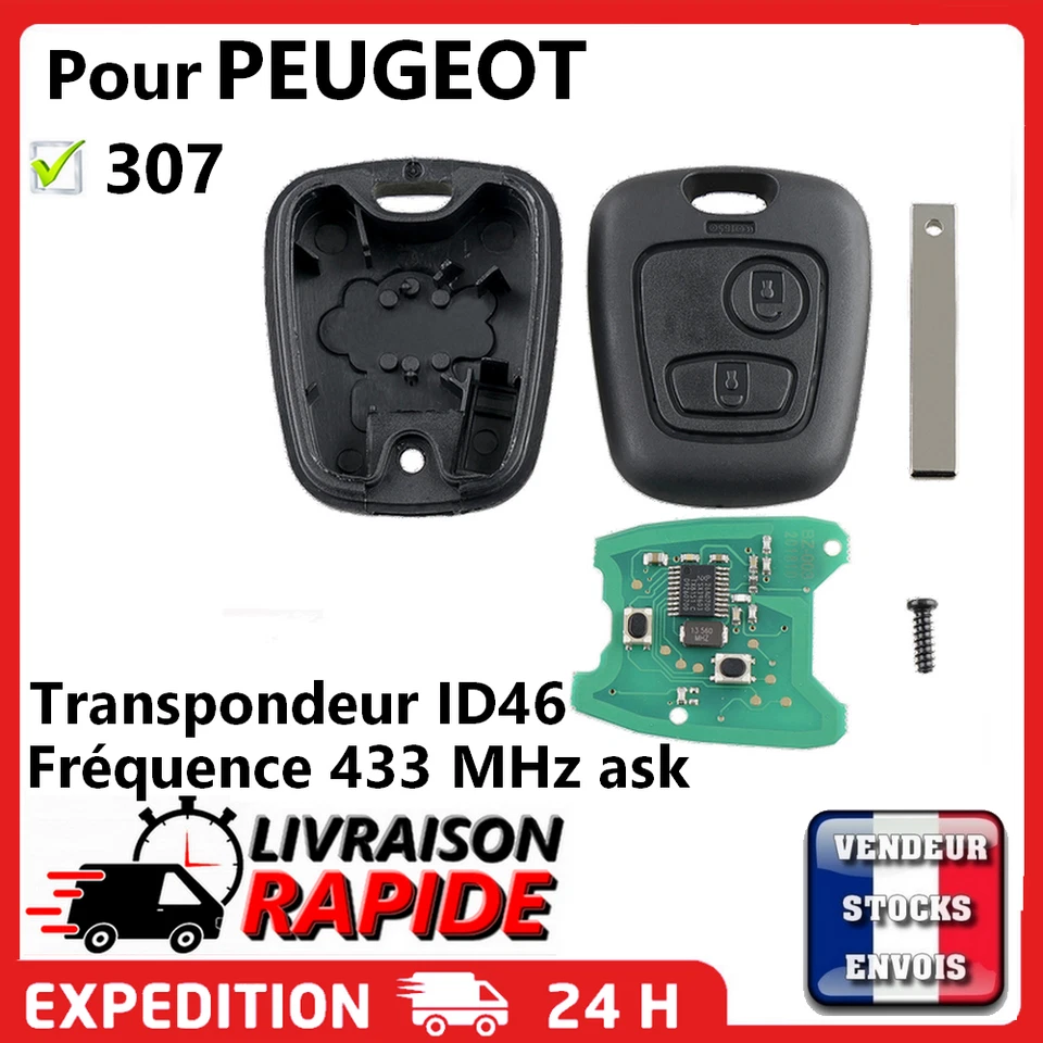 Clé vierge + électronique avec transpondeur pour PEUGEOT 307 Phase 1 2001-2005