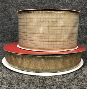 Lot Of 2 Vintage Gold Rolls Wired Christmas Ribbon 1” 25yards 2 1-2” 10yards New - Picture 1 of 6