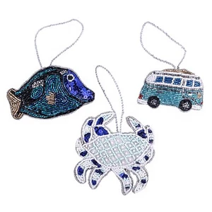 SET OF 3 White Blue Beaded Christmas Ornaments, VW Bus Tree, Fish, Snow Crab Set - Picture 1 of 5