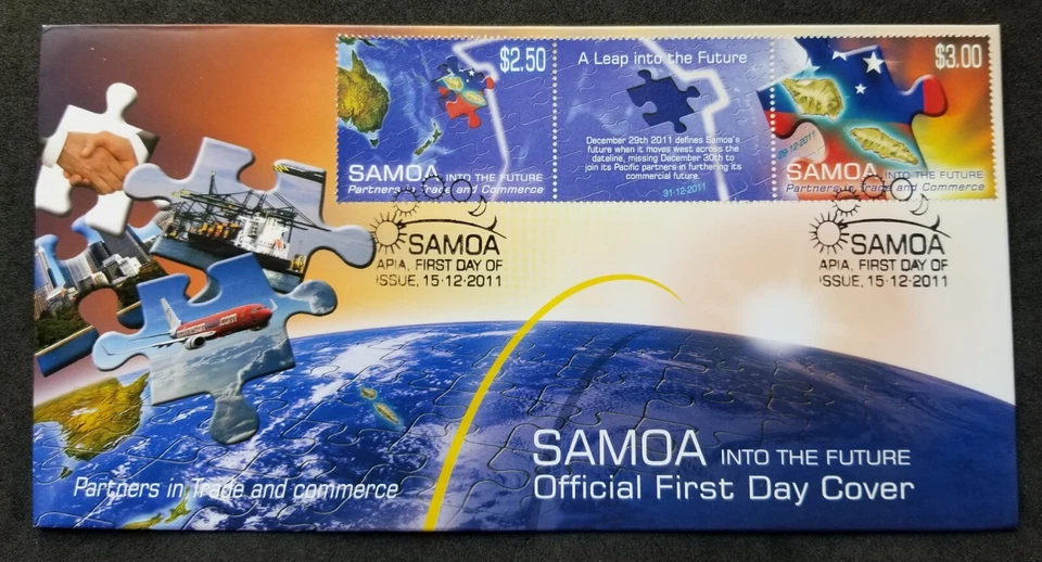 [SJ] Samoa Into The Future 2011 Puzzle Map Trade Airplane Flag Port (FDC) - Image 1 of 4