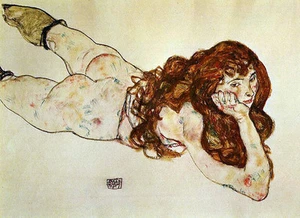 Egon Schiele - 1917 - Female Nude Lying on Her Stomach - 24' CANVAS - Picture 1 of 1
