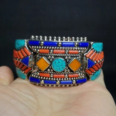 Antiguo Brazalete Chino Tíbet Incrustación Plata Turquesa Coral Mellite Colección Foto 1 de 4