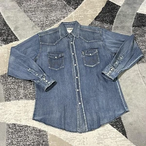 Wrangler Denim Shirt Men Large Blue Western Pearl Snap Cowboy Yoke Rodeo Work - Picture 1 of 12