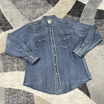 Wrangler Denim Shirt Men Large Blue Western Pearl Snap Cowboy Yoke Rodeo Work - Image 1 of 4