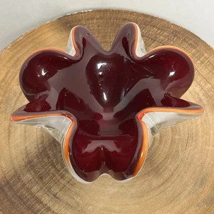 Vtg Murano Italy Art Glass Ashtray Flower Bowl Red White Orange Trim Ruffled 6” - Picture 1 of 6