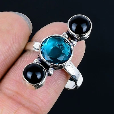 Encantador anillo de plata de ley 925 de cuarzo de iolita, piedras preciosas de ónix talla 8,5 f926 Foto 1 de 2