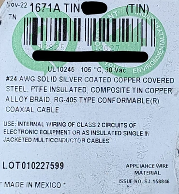 Cable coaxial compatible para microondas Belden 1671A 24awg RG-405/U 50 ohmios 20 GHz/5 pies Foto 1 de 4