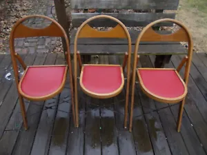 3 Vtg Antique Bentwood Folding Chairs-Red Vinyl Padded Seats-Farmhouse-Funeral - Picture 1 of 11