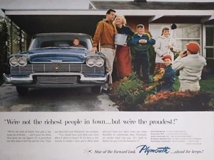 1958 vintage Plymouth automobile print ad, family outside their house - Picture 1 of 1