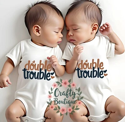 Twin Double Trouble Matching Romper, New Baby Twins Gift Announcement - 1133 - Image 1 of 4