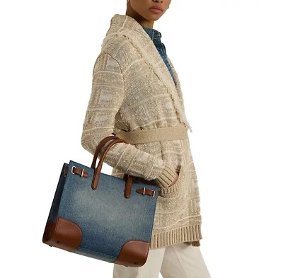 RALPH LAUREN Medium Devyn Denim w/Leather Trim Indigo/ Lauren Tan Tote Bag  $375 - Image 1 of 4