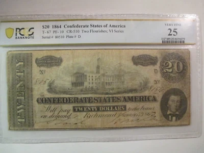 1864 $20 Confederate States Of America Currency PCGS Very Fine 25 - Image 1 of 3